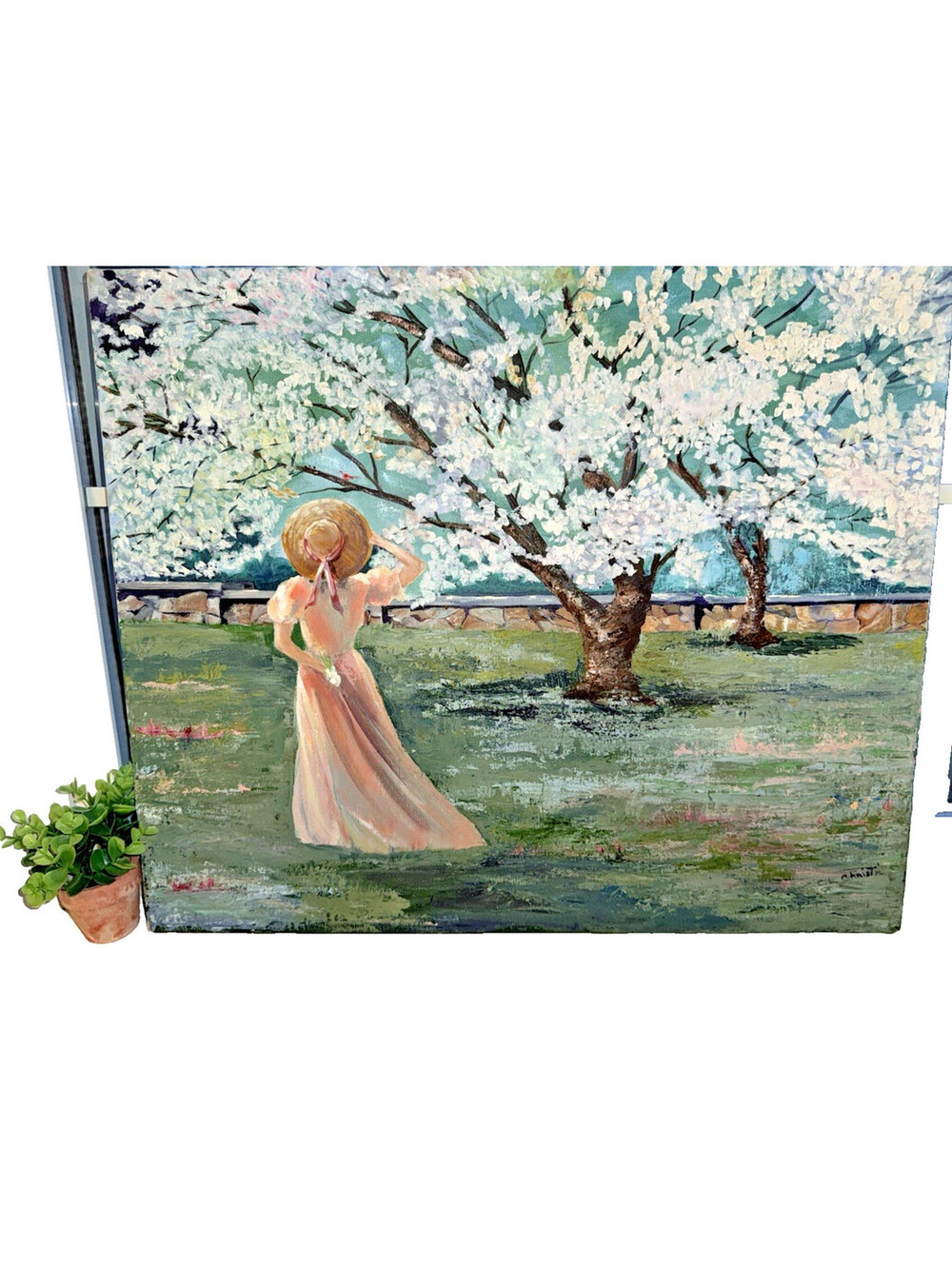 Vintage Impressionist Painting Woman Garden Cherry Blossom Tree Landscape Signed
